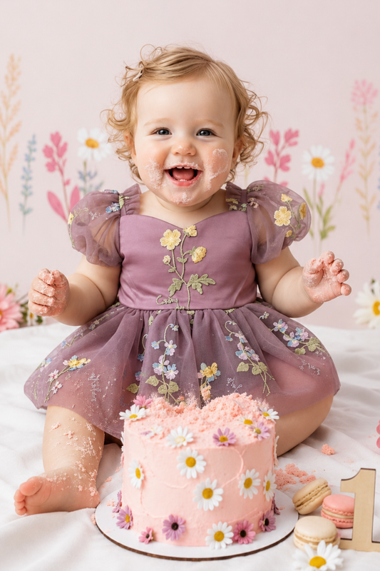Wildflower first birthday baby girl dress in dusty purple embroidered flowers. 