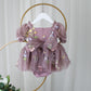 Baby Girl first birthday dress in dusty purple floral embroidery flowers for fairy and wildflower birthday parties. 