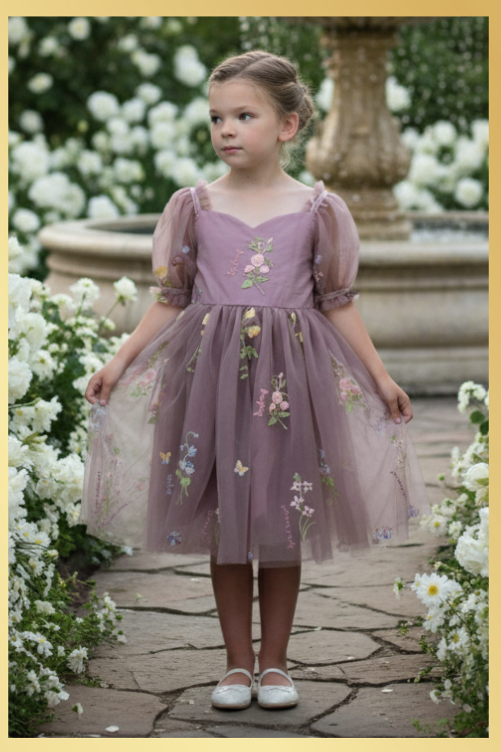 Girls Dress dress in dusty purple floral embroidery flowers for fairy and wildflower birthday parties. 
