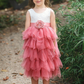 dusty rose flower girl dress in a tiered tutu style with white lace sleeveless style. 