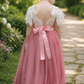 flower girl dress in dusty rose tulle, white lace short sleeves and skirt is a full length style. 