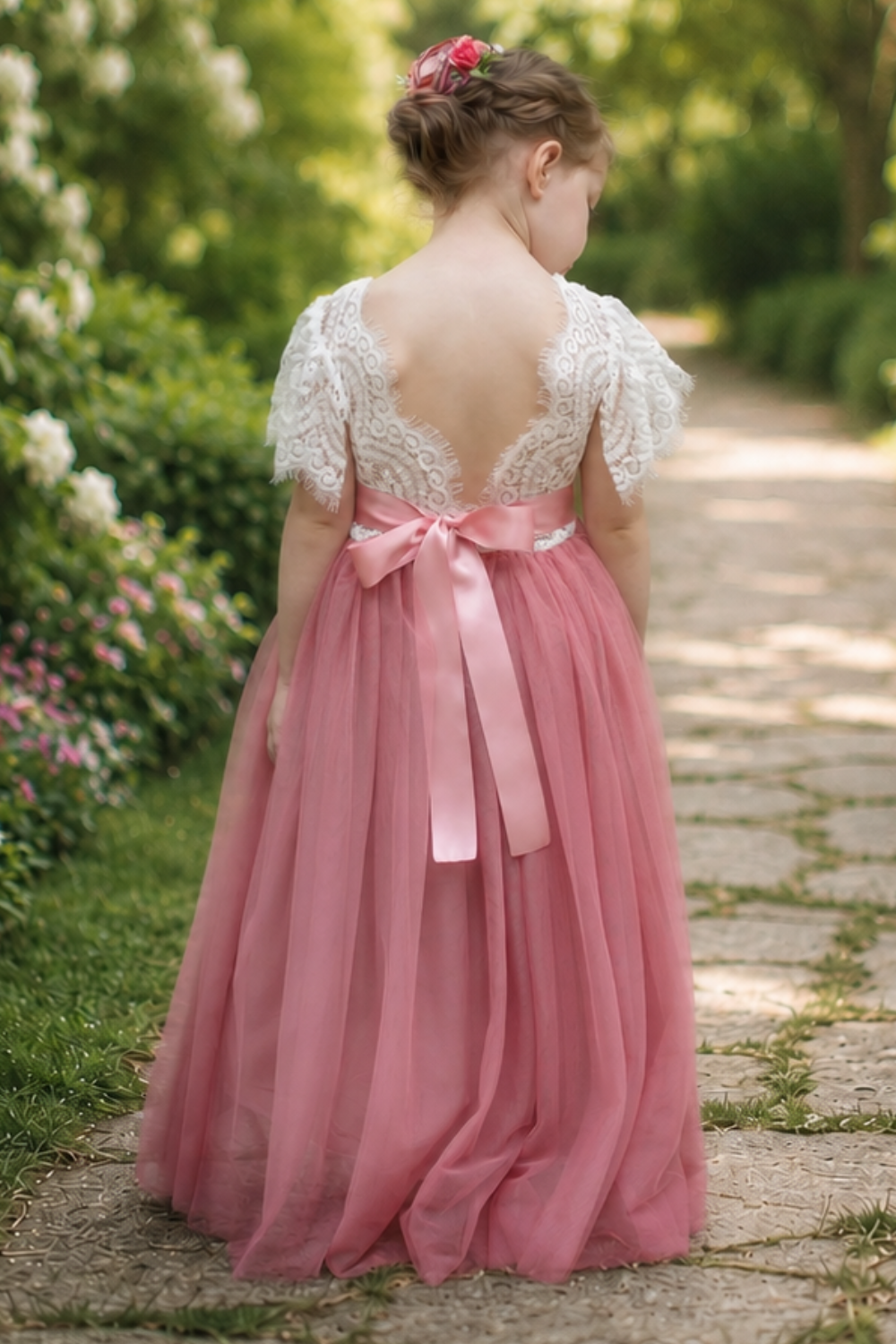 flower girl dress in dusty rose tulle, white lace short sleeves and skirt is a full length style. 
