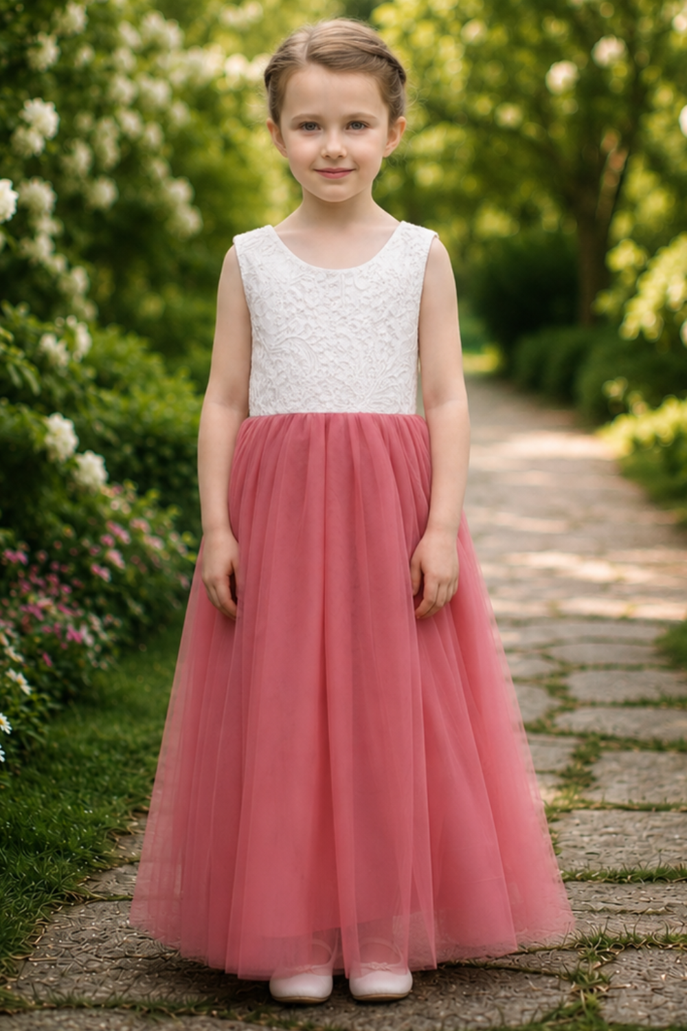flower girl dress in dusty rose tulle with white lace sleeveless dress full length. 