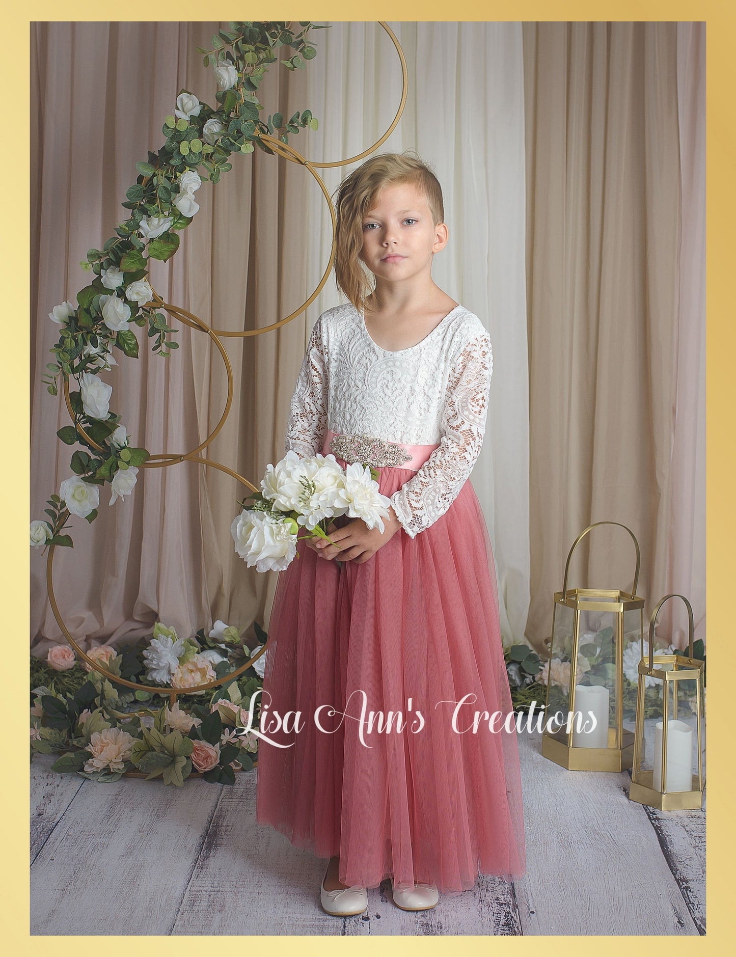 Junior Bridesmaid dress dusty rose tulle with white lace