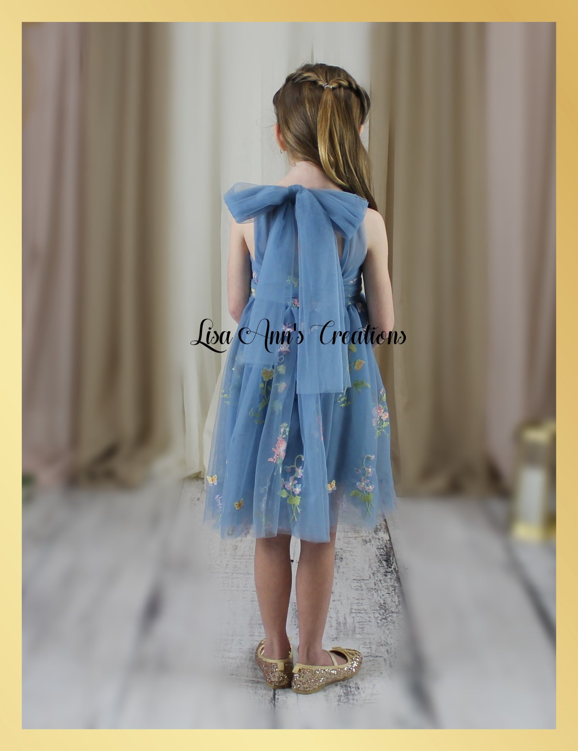 Baby Girl Embroidery Floral Dress in Dusty Blue Lisa Ann's Creations Baby Girl Embroidery Floral Dress in Dusty Blue Lisa Ann's Creations