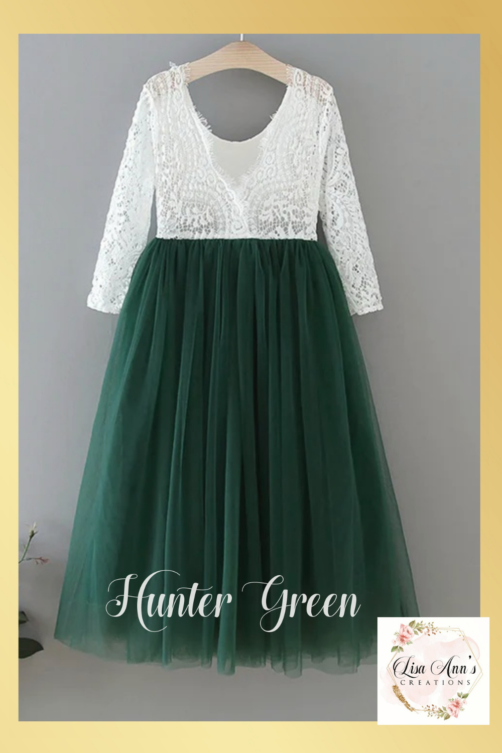 Flower Girl dress hunter green tulle and white lace