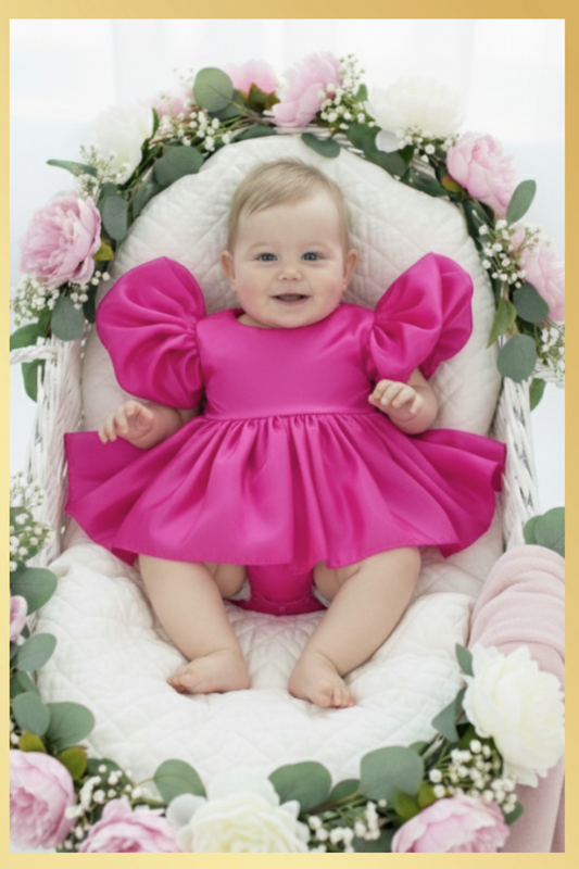baby girl dress in fuchsia pink. Big puffy sleeves in romper style Organza shiny material. For first birthdays and flower girl dresses for weddings