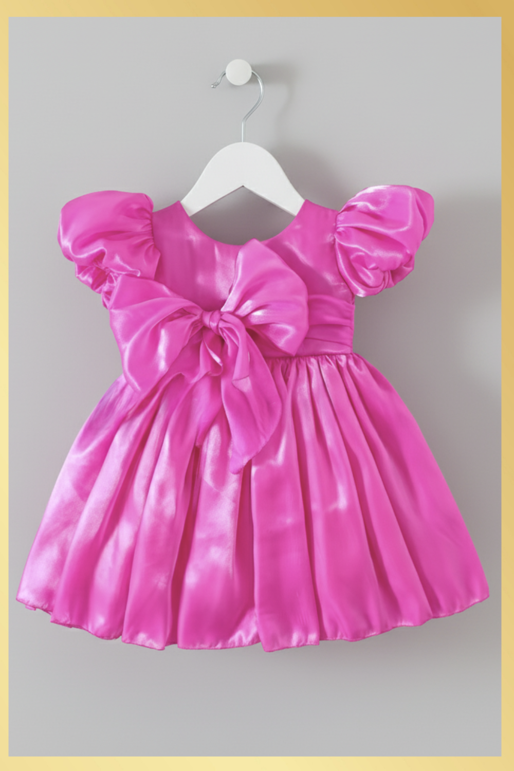 girl dress in fuchsia pink. Big puffy short sleeves, Organza shiny material. For first birthdays and flower girl dresses for weddings