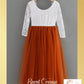 Burnt Orange Flower girl dress with long sleeves in white lace