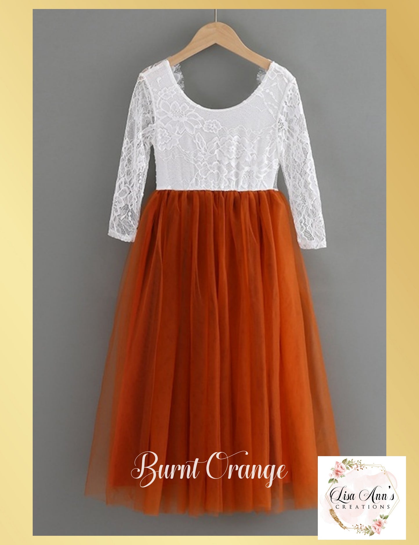 Burnt Orange Flower girl dress with long sleeves in white lace