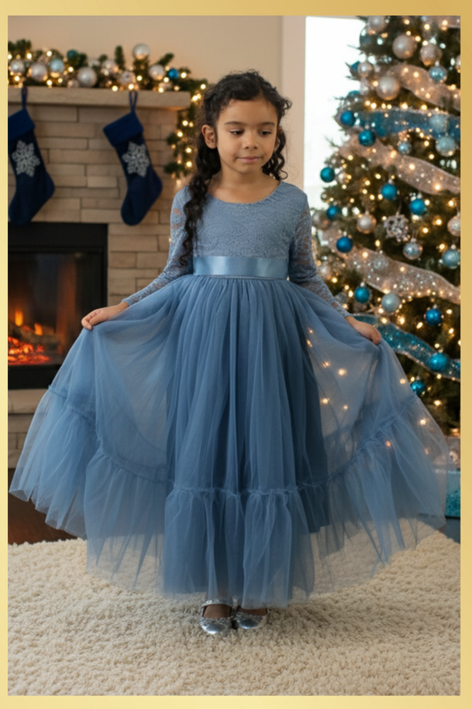 Girls Christmas dress in a dusty blue lace and tulle. Mermaid full length style and long sleeves.