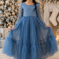 Blue Holiday Dress for Girls in Dusty Blue with Long Sleeves and Flowing Tulle Mermaid Skirt