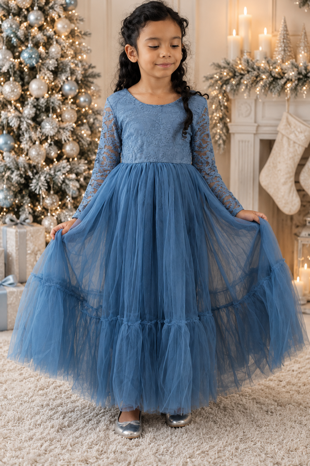 Blue Holiday Dress for Girls in Dusty Blue with Long Sleeves and Flowing Tulle Mermaid Skirt