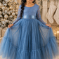 Christmas Dress for Girls in Dusty Blue with Long Sleeve Lace Bodice and Full Length Tulle Mermaid Skirt