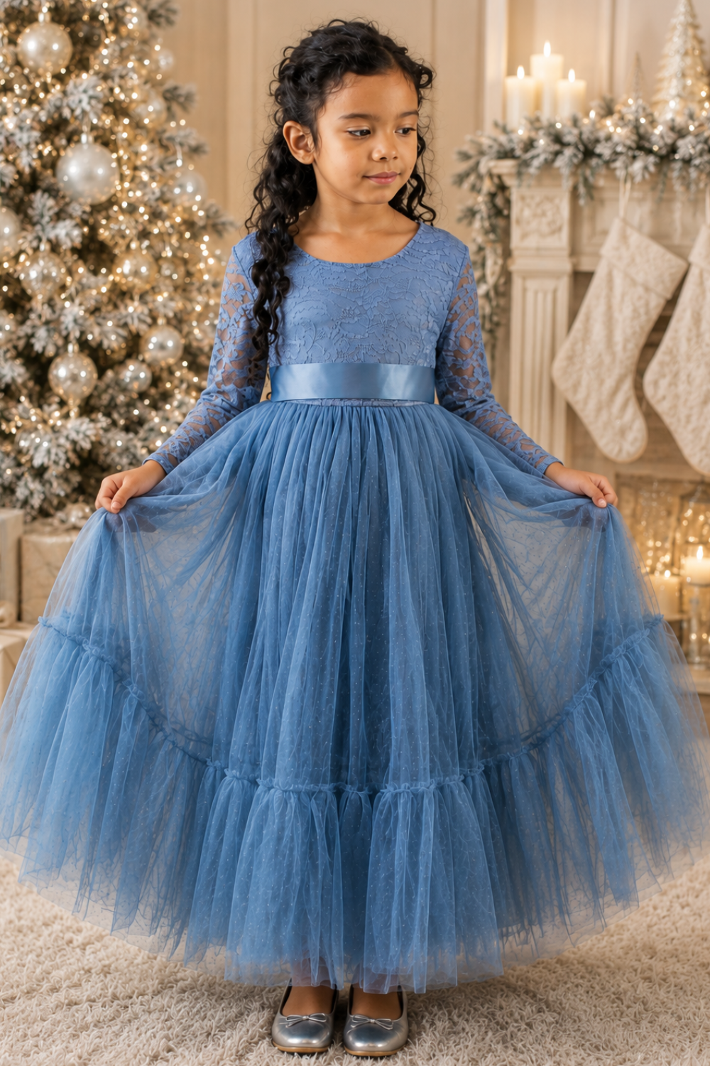 Christmas Dress for Girls in Dusty Blue with Long Sleeve Lace Bodice and Full Length Tulle Mermaid Skirt