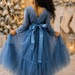Blue Christmas Dress for Girls in Dusty Blue with V-Shaped Lace Back and Full Length Tulle Mermaid Skirt