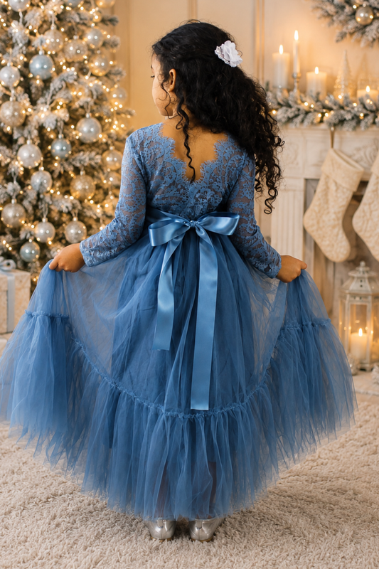 Blue Christmas Dress for Girls in Dusty Blue with V-Shaped Lace Back and Full Length Tulle Mermaid Skirt