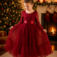 Wine Red Long Sleeve Holiday Dress for Girls with Lace Bodice and Full Tulle Skirt