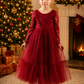 Girls Red Christmas Dress with Full Length Tulle Mermaid Skirt and Long Lace Sleeves