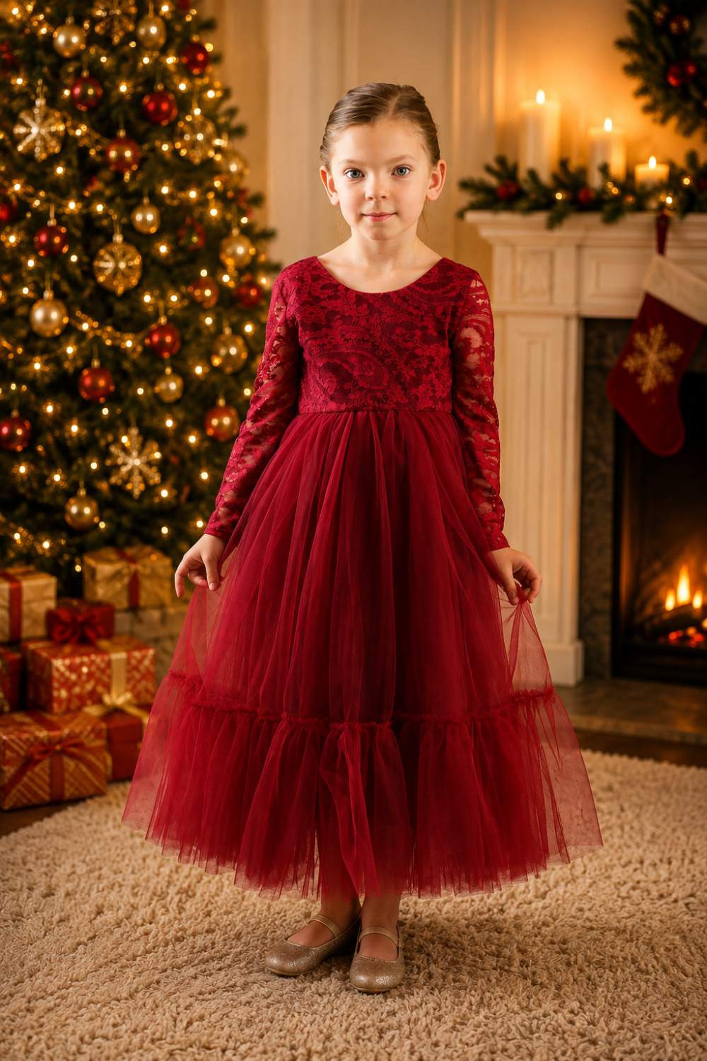 Girls Red Christmas Dress with Full Length Tulle Mermaid Skirt and Long Lace Sleeves
