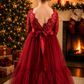Back of Red Long Sleeve Christmas Dress for Girls with V-Shaped Open Lace Back