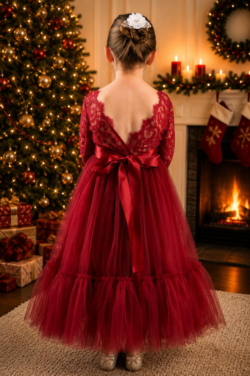 Back of Red Long Sleeve Christmas Dress for Girls with V-Shaped Open Lace Back
