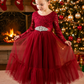 Red Long Sleeve Christmas Dress for Girls in Wine Red Lace with Full Length Tulle Skirt