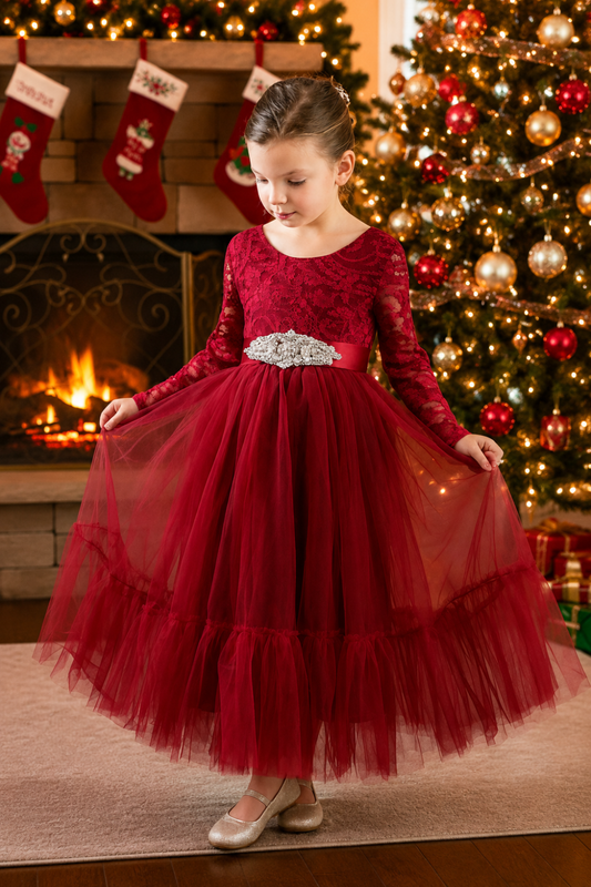 Red Long Sleeve Christmas Dress for Girls in Wine Red Lace with Full Length Tulle Skirt