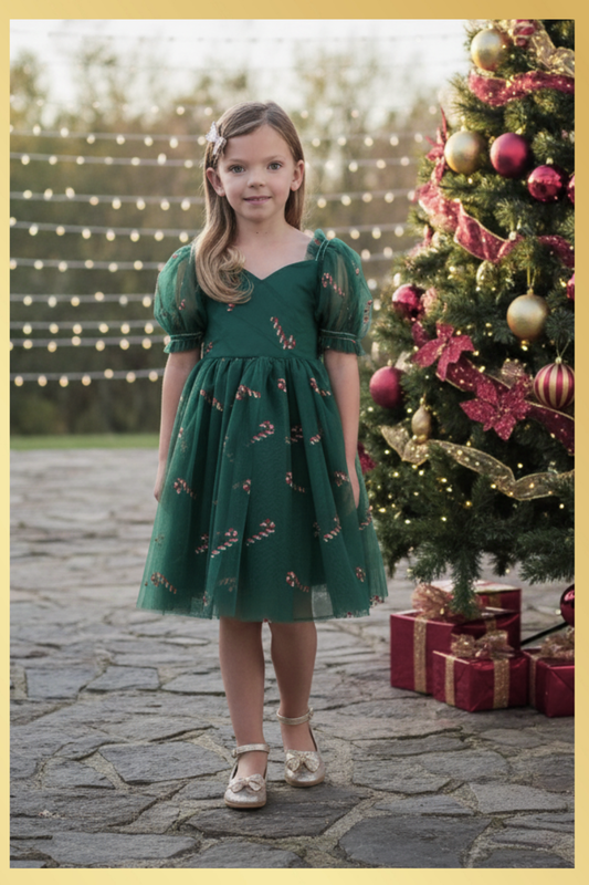 Girls Christmas dress in Green tulle with red and gold candy canes. Shorts Sleeves and knee length style. 