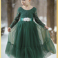 girls holiday dress in green tulle and lace long sleeves