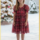 Girls Red and green plaid Christmas dress in short puffy sleeves and knee length style. 