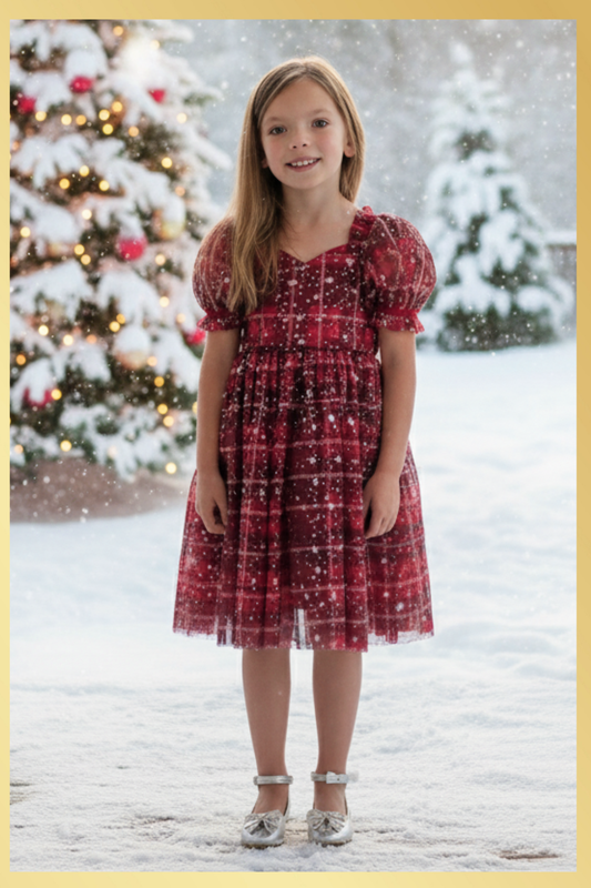 Girls Red and green plaid Christmas dress in short puffy sleeves and knee length style. 