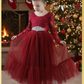 Girls red Christmas dress in long sleeve lace and full length tulle bottom.