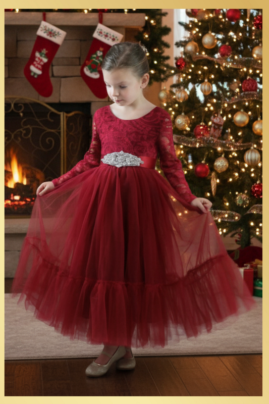 Girls red Christmas dress in long sleeve lace and full length tulle bottom.