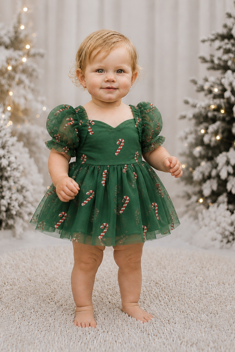 Baby Christmas dress in green tulle with red and gold candy cane details, sweetheart neckline, puff sleeves and built-in bodysuit.