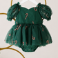 Baby girl Christmas dress in green tulle with sparkling red and gold candy canes, sweetheart neckline and built-in bodysuit.