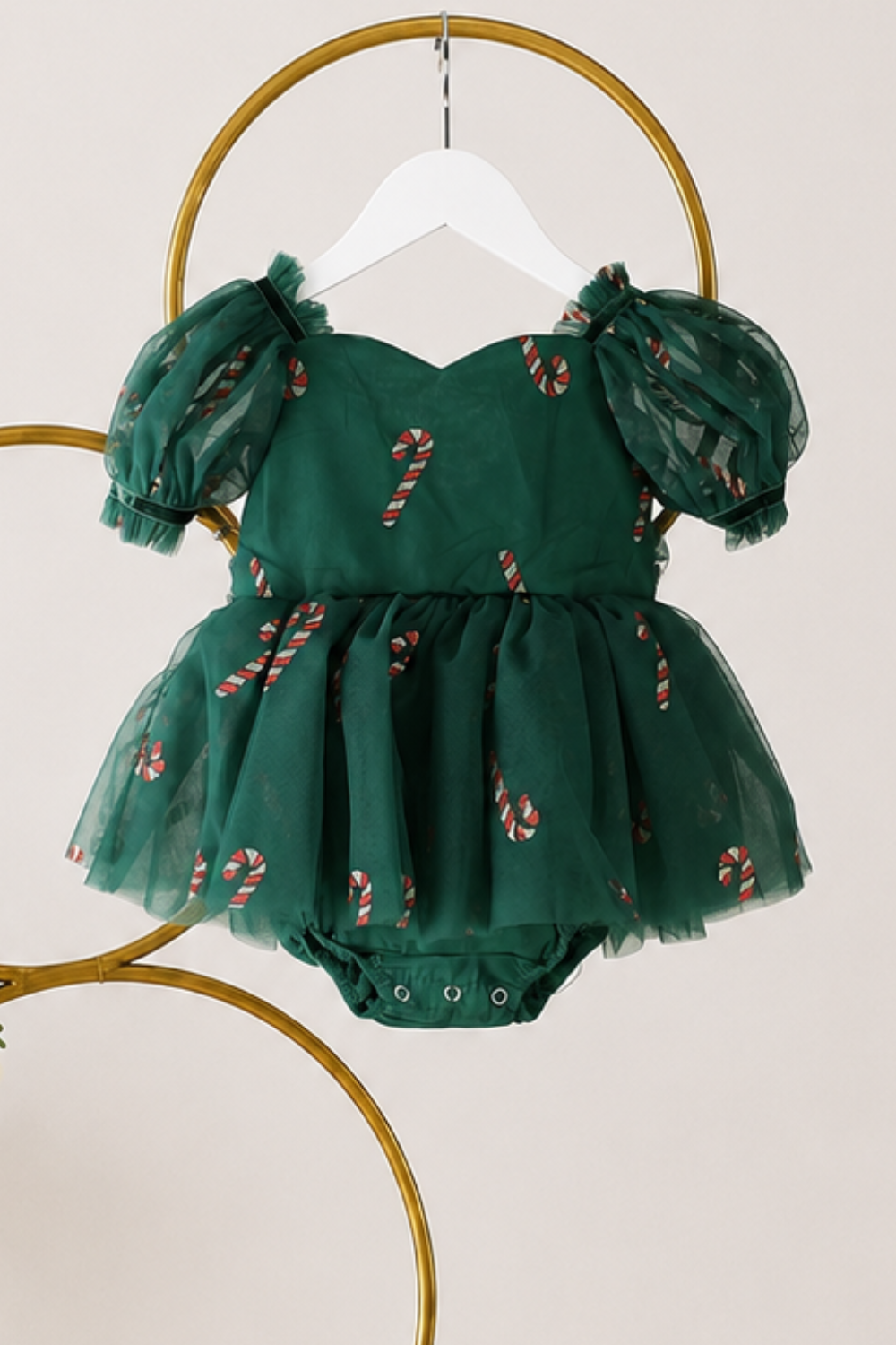 Baby girl Christmas dress in green tulle with sparkling red and gold candy canes, sweetheart neckline and built-in bodysuit.