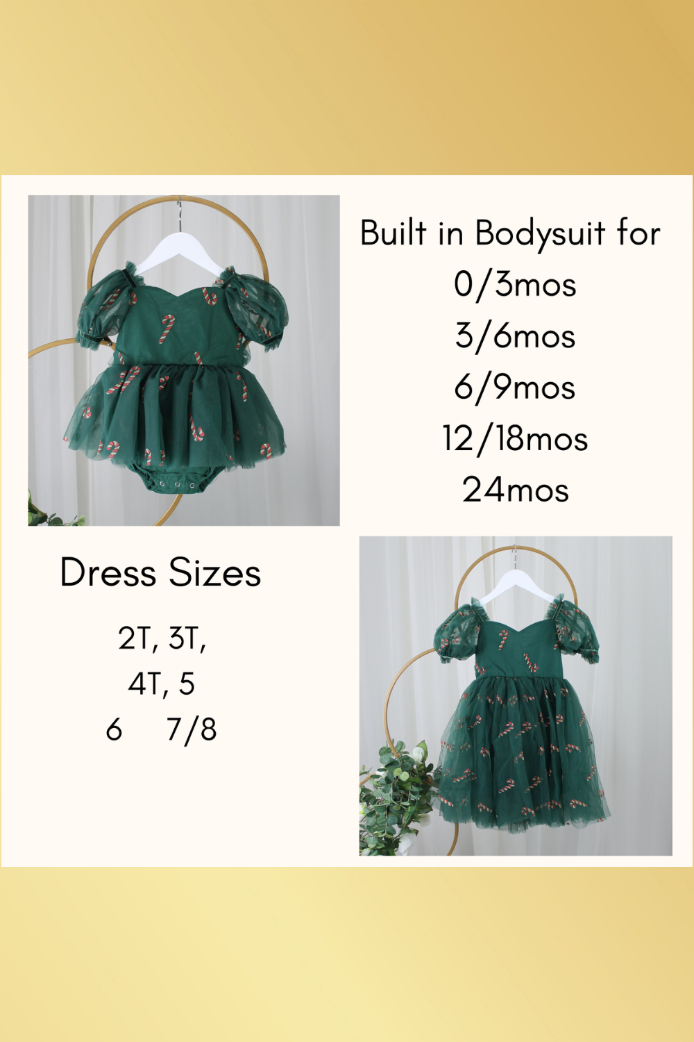 Baby girl dress size guide for the green candy cane Christmas dress in baby, toddler and girls sizes.