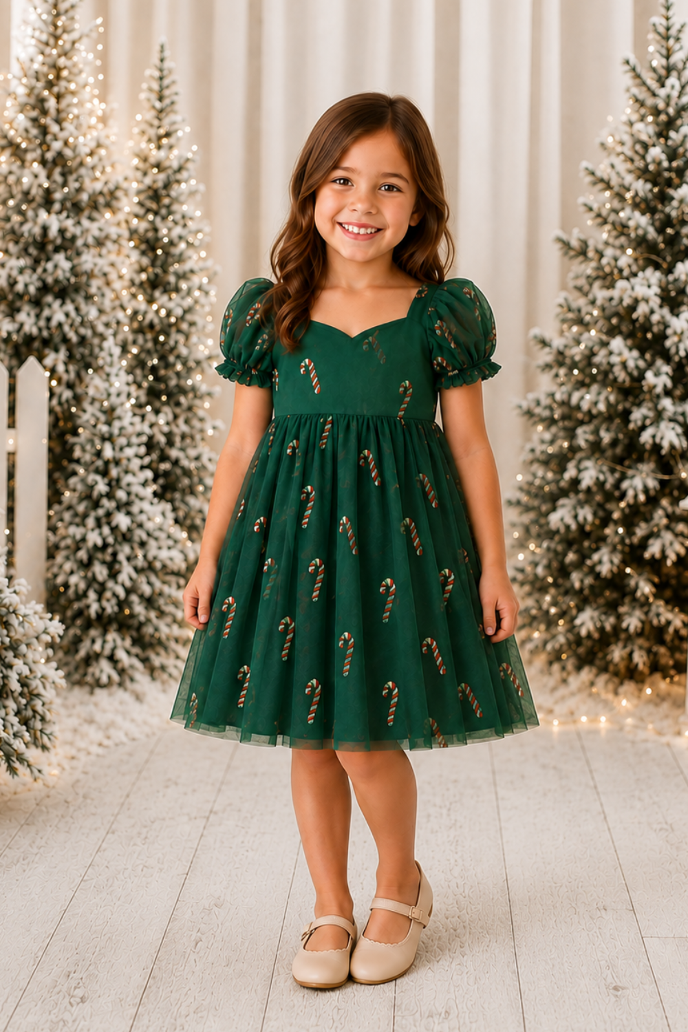 Christmas baby girl dress featuring green tulle, red and gold candy canes, puff sleeves and a short skirt over a built-in bodysuit.