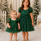 Christmas dress baby style in green candy cane tulle, shown in coordinating baby bodysuit and girls dress sizes.