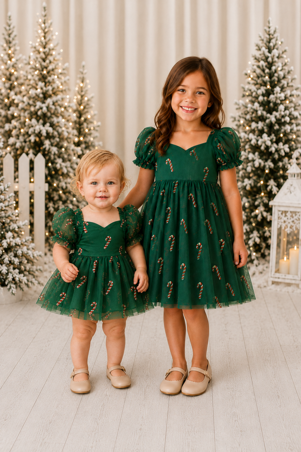 Christmas dress baby style in green candy cane tulle, shown in coordinating baby bodysuit and girls dress sizes.