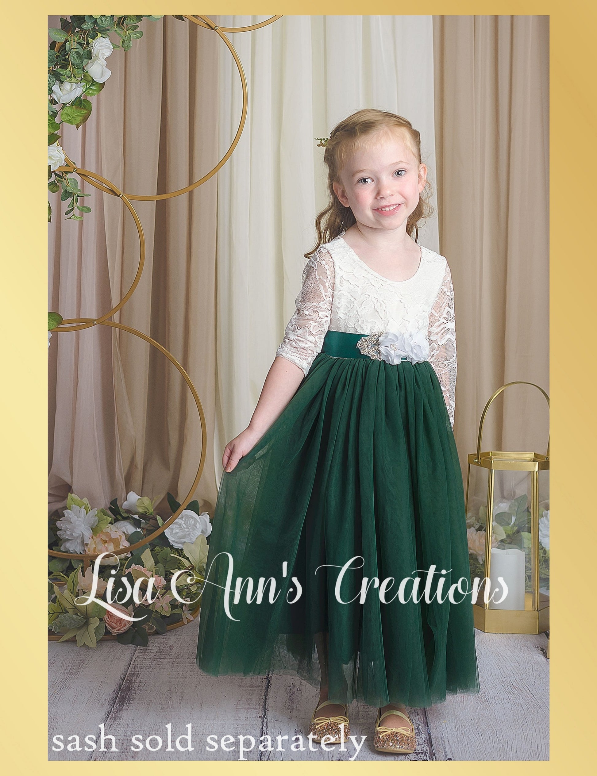 Long Sleeve flower girl dress in Hunter Green tulle with white lace