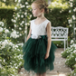 Hunter Green flower girl dress i a tiered tutu style with white lace in a sleeveless style. 