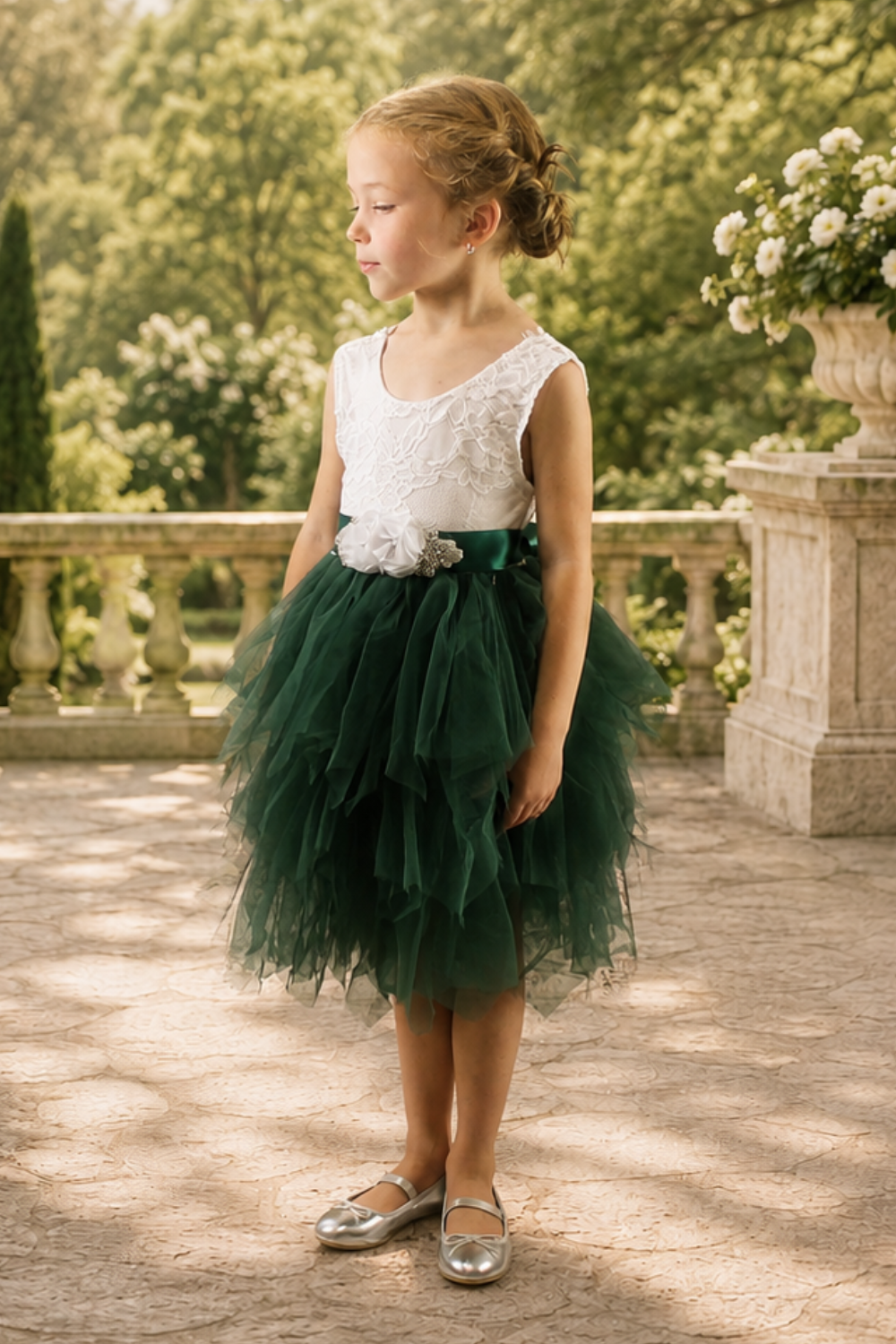 green flower girl dress. a tutu style hunter green tulle with a soft white lace sleeveless bodice