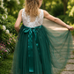 Fall flower girl dress in hunter green tulle with white lace sleeveless dress full length. 