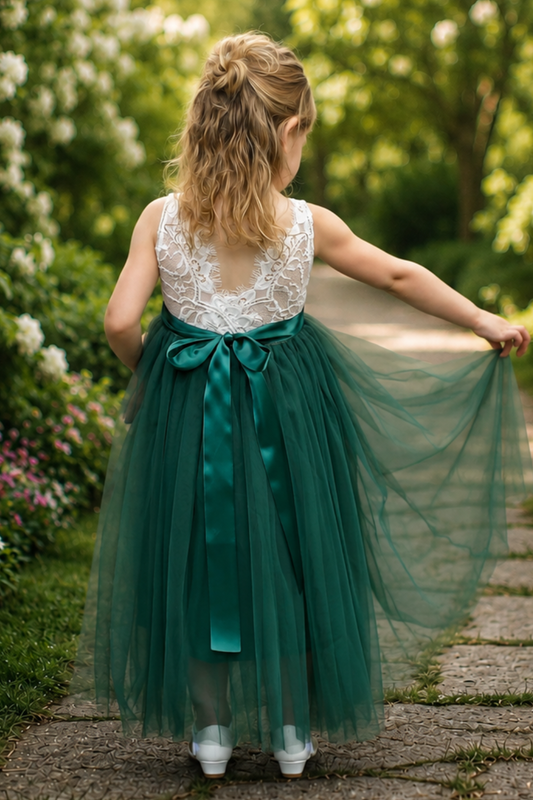Fall flower girl dress in hunter green tulle with white lace sleeveless dress full length. 