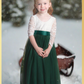 Winter wedding flower girl dress in hunter green tulle and white lace long sleeves
