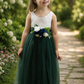 Green Flower girl dress in tulle and lace sleeveless style. 