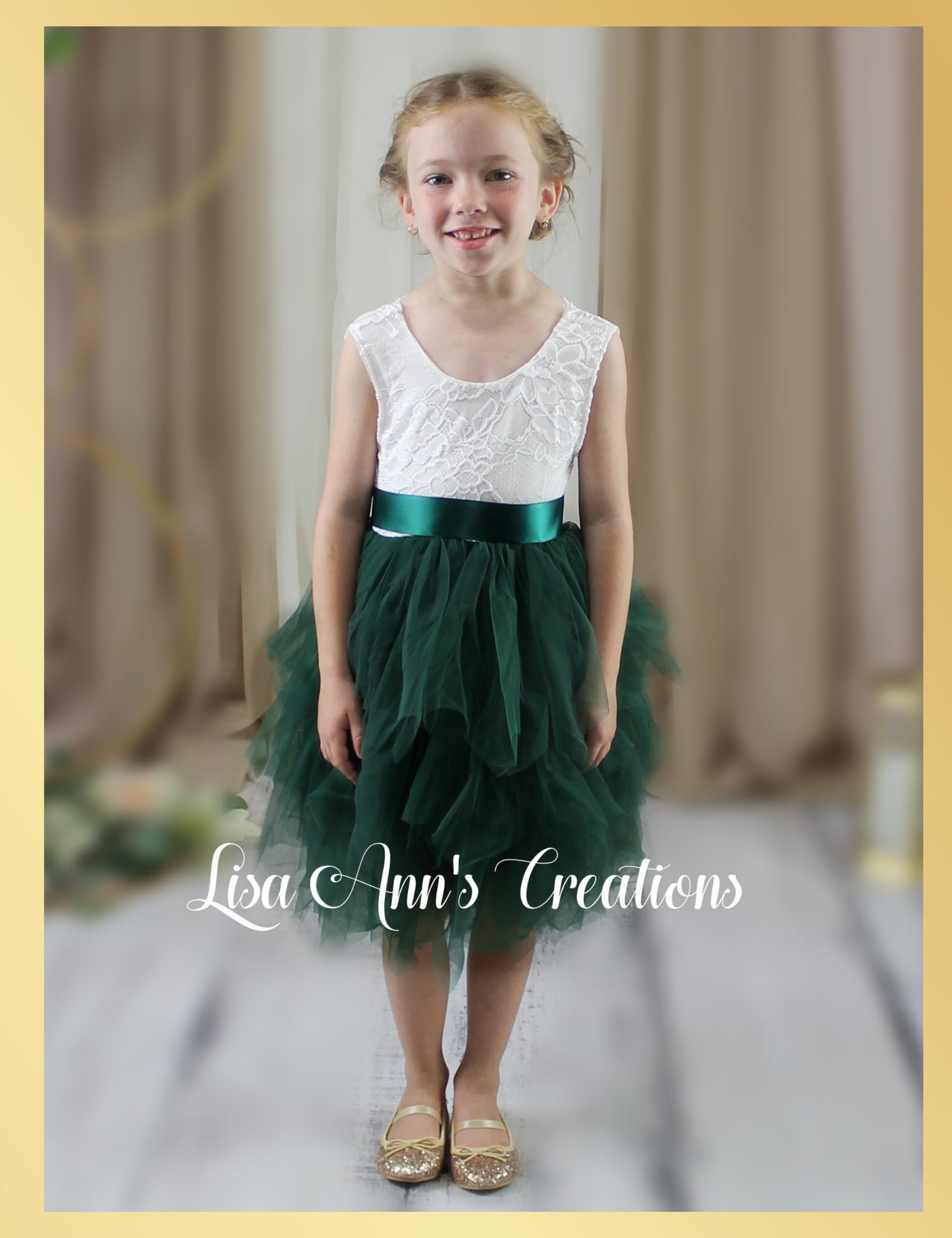 Flower Girl Dress Hunter Green Tulle and white lace sleeveless