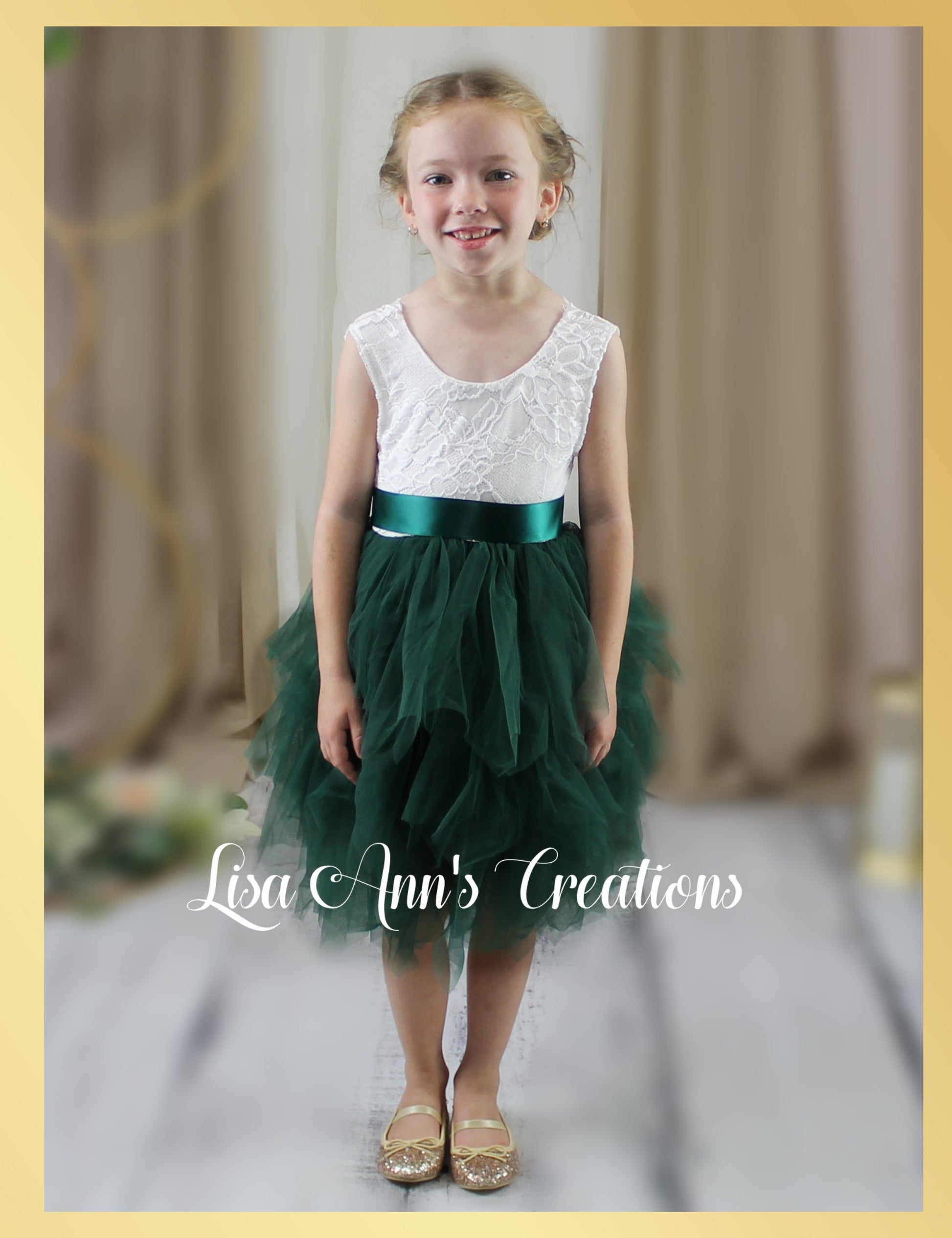 Flower Girl Dress Hunter Green Tulle and white lace sleeveless